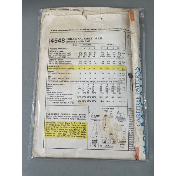 70s McCalls Laura Ashley 4548 Sewing Pattern Size 3 Girls Dress Bonnet Bag UNCUT - Picture 5 of 6